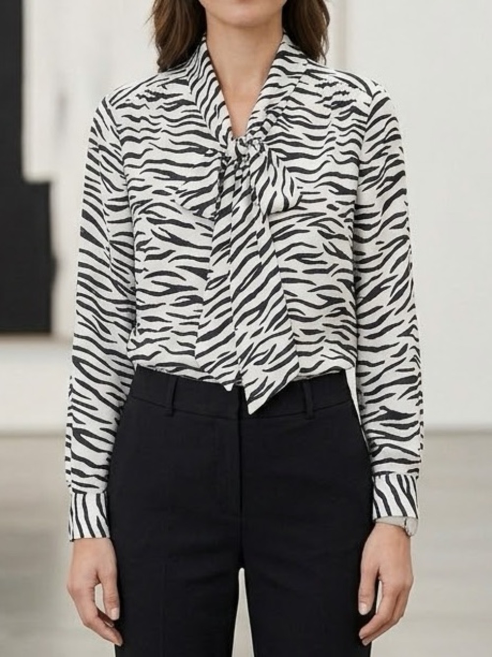 Banana Republic Zebra Print Tie Neck Blouse NWT LP